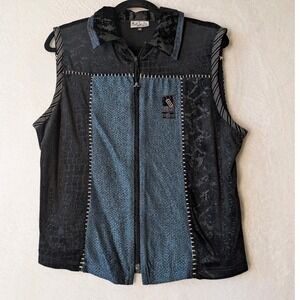 90s Kd. Spring Patchwork Full Zip Vest Medium Black Blue Artsy Textured‎